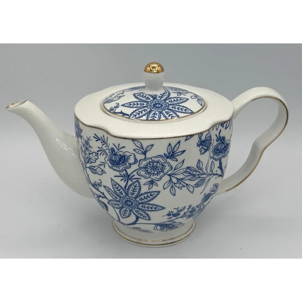 Grace Teaware Blue Vine White Floral Teapot Fine Porcelain EUC